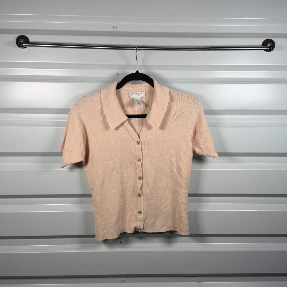Express Tricot Vintage Peach Ribbed Knit Short Sleeve Cardigan‎ Polo Top Small